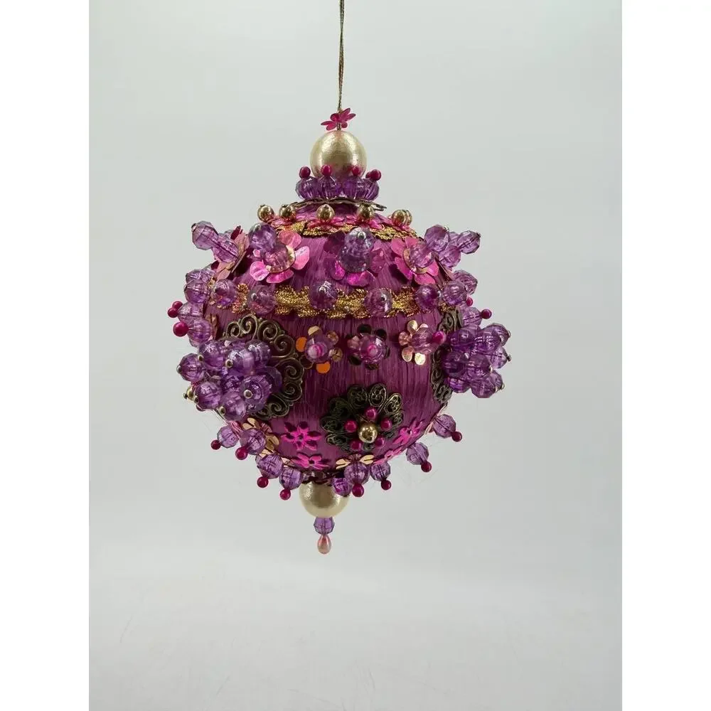 Vintage Handmade Beaded Christmas Ornament Pink Gold Sequin Ball OOAK Decor